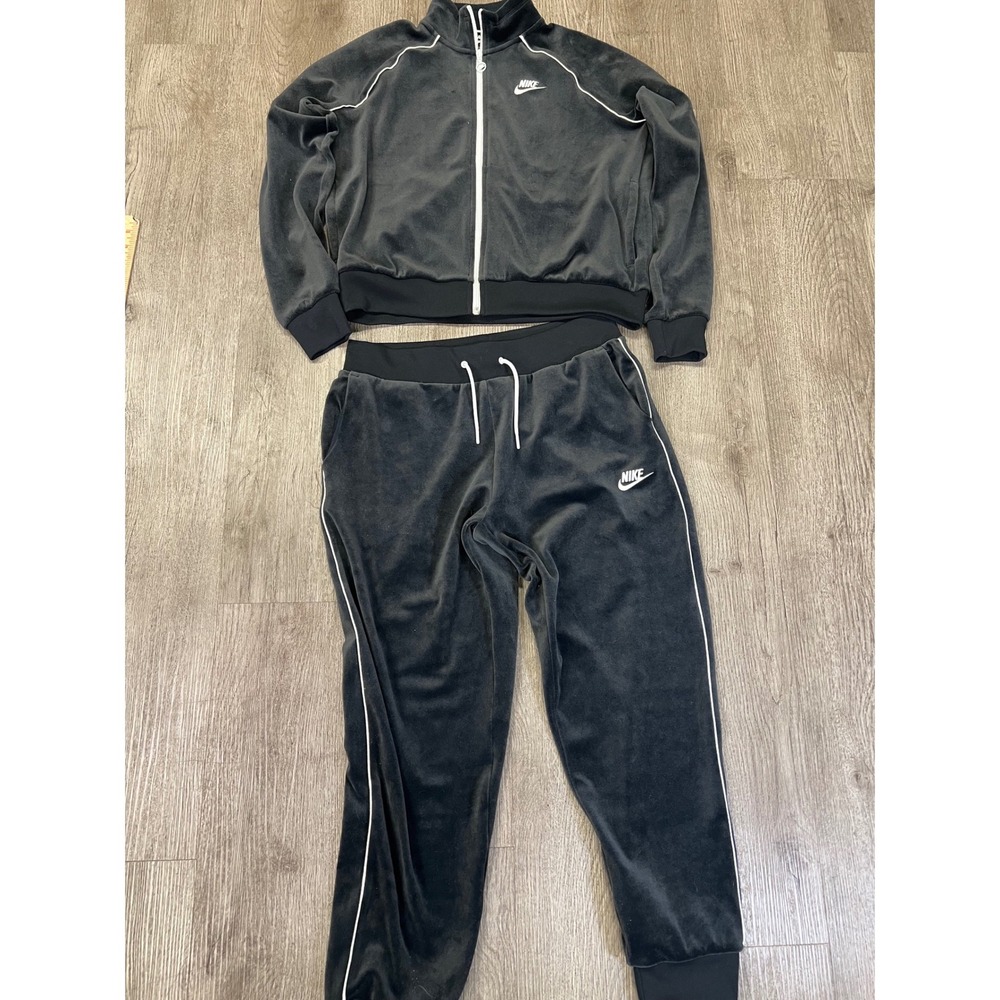 Nike Womens Velour Tracksuit Set Black White Piping Full Zip Jacket Pants Medium